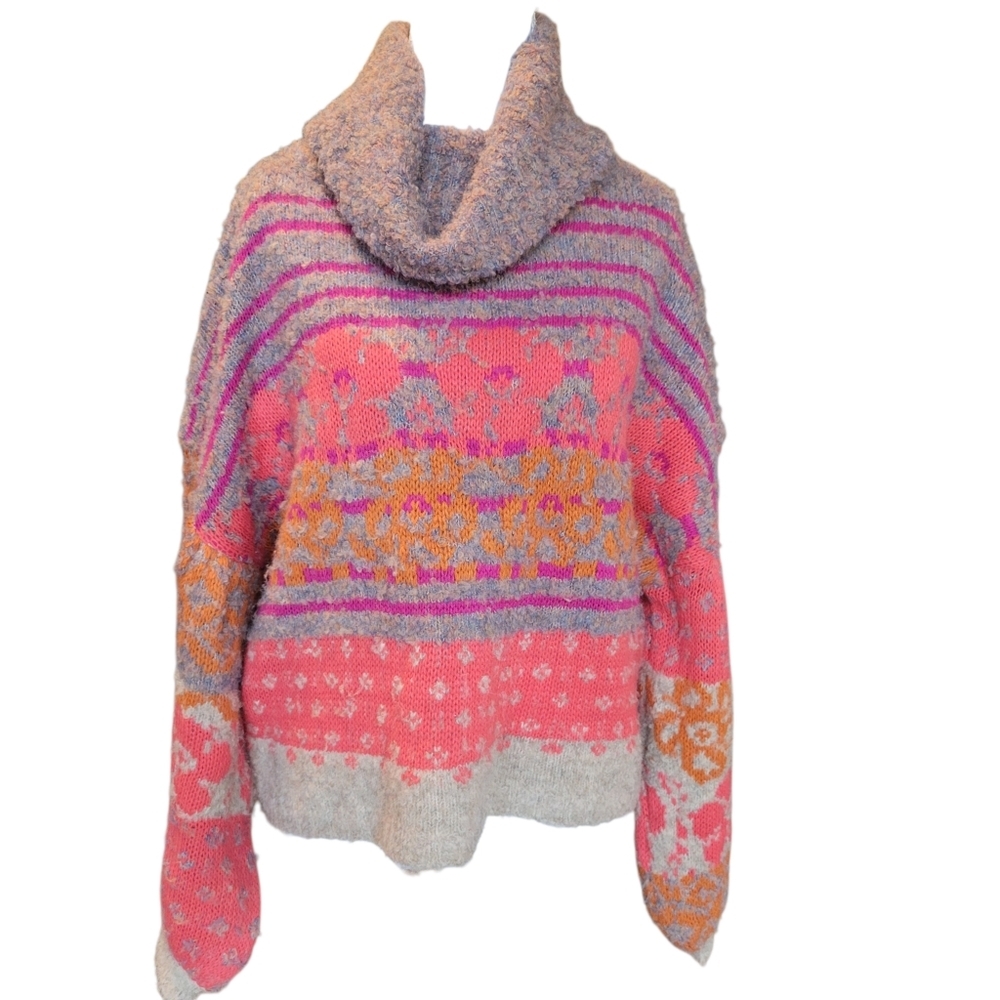 Fate Bright Pink Coral Floral Stripe Wool Blend Balloon Sleeve Cowl Neck Sweater